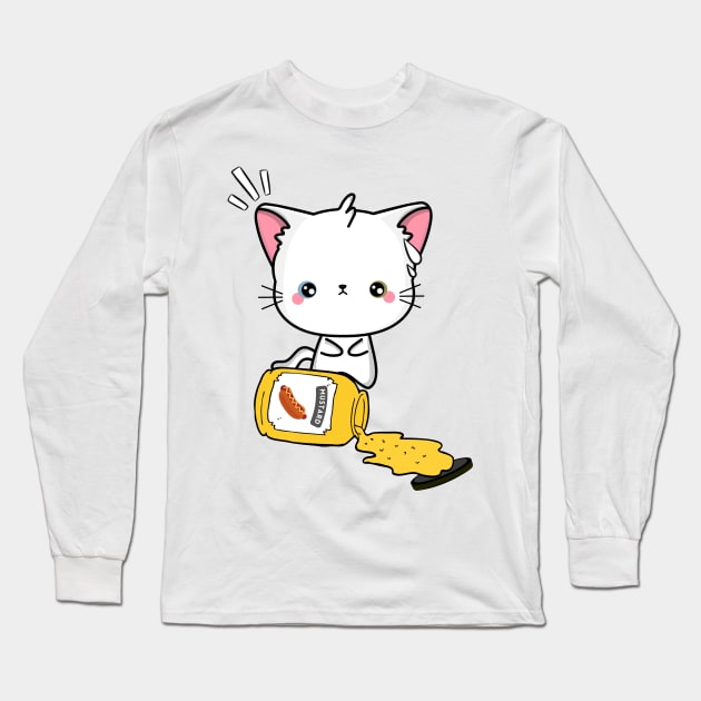 Cute White Angora Cat Spilled a jar of mustard sauce Long Sleeve T-Shirt by Pet Station